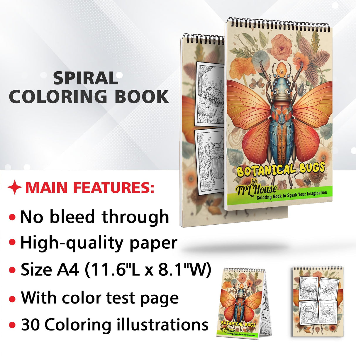 TPLHOUSE Botanical Bugs Coloring Book Spiral Bound for Adults, Premium Cover, 30 Enchanting Coloring Pages in Insect Garden's Wonder for Stress Relief and Relaxation TPLHOUSE