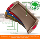 NutriChef 5-Piece Baking Pan Set - Carbon Steel Stackable Bakeware with Red Silicone Handles & Nonstick Coating, Includes Cookie Sheets, Roaster Pan with Lid, Loaf Pan, and 12 Cup Muffin Pan (Gold) NutriChef