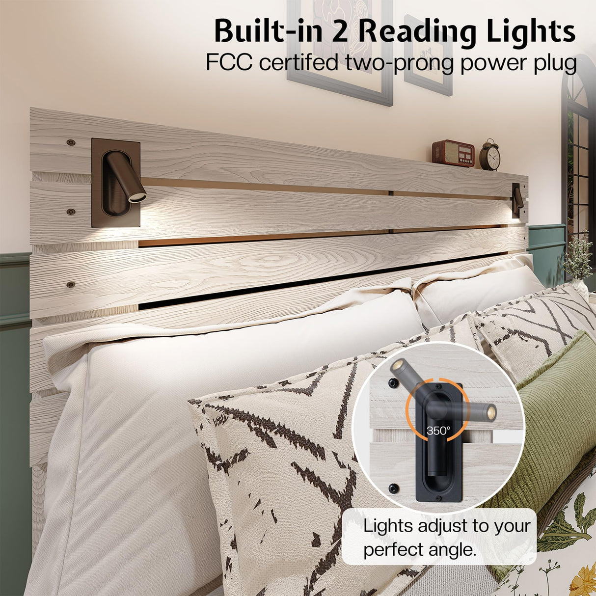 Jocisland King Size Farmhouse Bed Frame with 51" Headboard, LED Lights, Rustic Wood Look, No Box Spring Needed, Ash White Jocisland