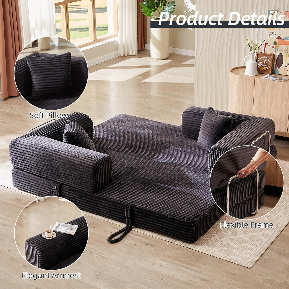 81 Inch Convertible Folding Sofa Bed,Fold Out Floor Sofa Couch with Fixed-Shape Frame,Corduroy Foldable Mattress Cloud Couch for Living Room Bedroom (Dark Grey) TIAOLOURIA