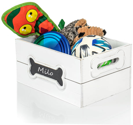 Red Co. 12” x 9” Distressed Wood Crate Dog Toy Storage Box with Handles and Chalkboard, White Red Co.