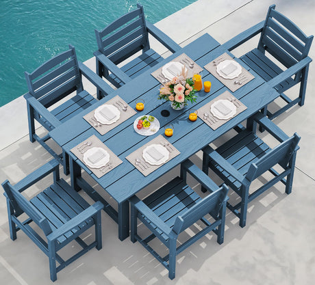 SERWALL 7-Piece Patio Dining Table Sets, Outdoor HDPE Dining Furniture Set with Umbrella Hole Cut-Out Table and 6 Chairs, Blue SERWALL