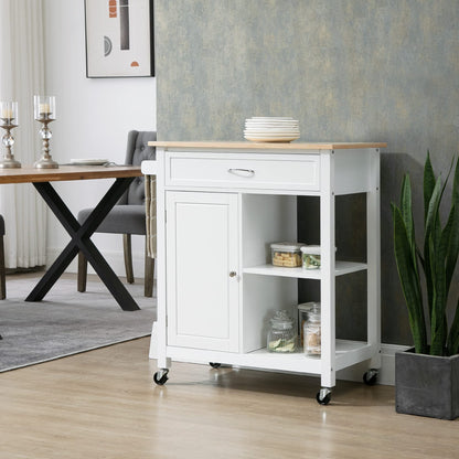 HOMCOM Kitchen Island Cart, Rolling Kitchen Island with Storage Shelf, Solid Wood Top, Drawer, for Dining Room, White