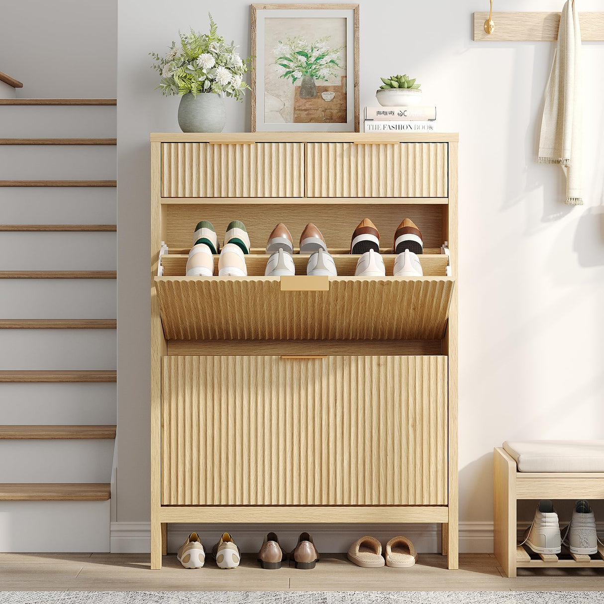 Shoe Storage Cabinet with 2 Flip Drawers,Freestanding Narrow Organizer with Wavy Wood Grain Design Shoe Rack with Adjustable Shelf for Entryway,Hallway,Living Room,Front Door Entrance,Oak Natural Maupvit