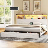 ROCHECASA King Size Bed Frame with Bookcase Storage and Drawers, Farmhouse Bed with High Headboard, Charging Station and LED Lights, No Box Spring Needed, Noise Free, Easy Assembly, Antique White ROCHECASA