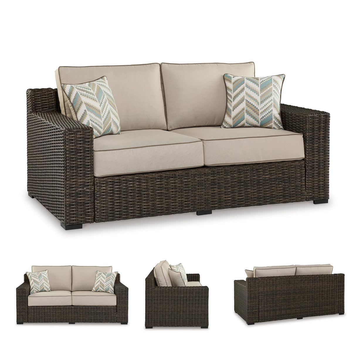 Signature Design by Ashley Coastline Bay Casual Weather Resistant Outdoor Loveseat with Cushion and 2 Throw Pillows, Beige & Dark Brown Signature Design by Ashley