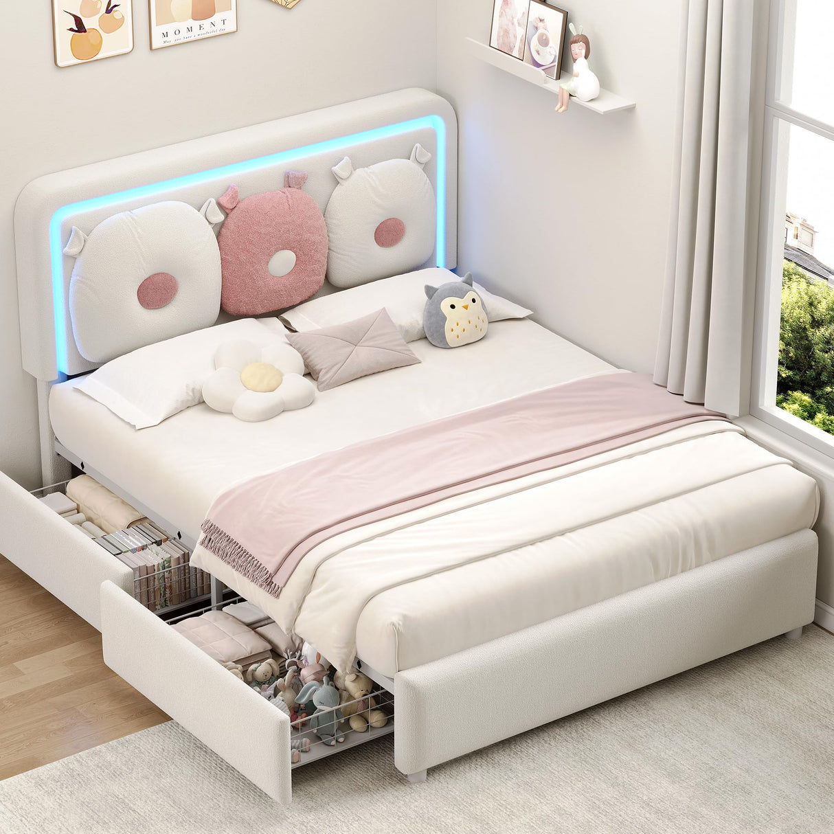 Full Boucle Upholstered LED Bed Frame with Storage Drawer and Adjustable Chic Double Arc Headboard, Princess Platform Cloud Bed with Backrest, Heavy Duty Metal Support, No Box Spring Needed, White Jocoevol