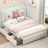 Full Boucle Upholstered LED Bed Frame with Storage Drawer and Adjustable Chic Double Arc Headboard, Princess Platform Cloud Bed with Backrest, Heavy Duty Metal Support, No Box Spring Needed, White Jocoevol