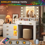 AOGLLATI Makeup Vanity Desk with Mirror and Lights & Charging Station, White Vanity Table with 3 Drawers LED Dresser, Makeup Desk with 3 Lighting Modes, 5 Drawers and Cabinet Storage AOGLLATI