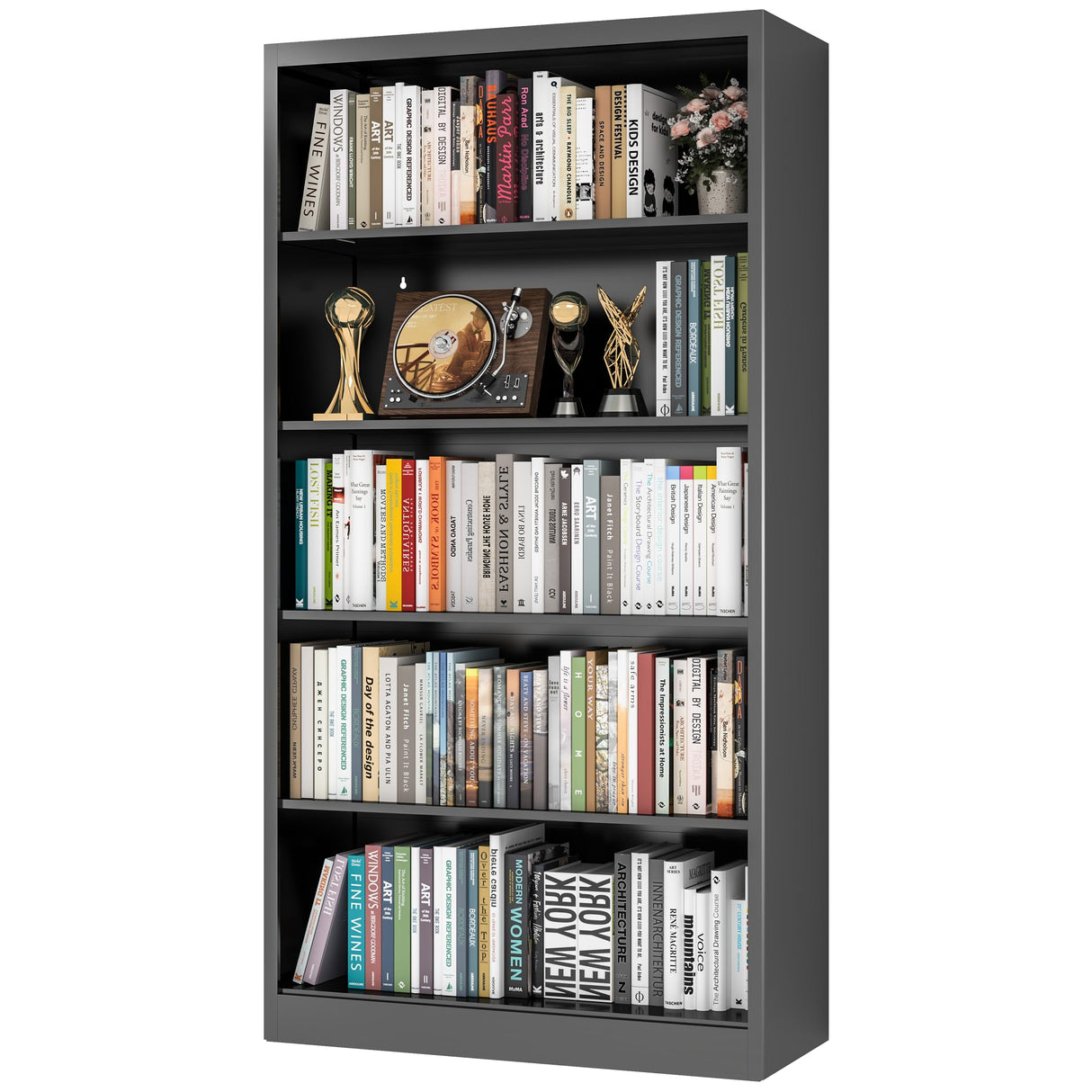 VASAAOSD 66" Tall Metal Bookcase, 5 Shelf Black Bookcase with Adjustable Shelves, Large Bookshelves and Bookcases, Modern Book Shelf Storage Organizer for Living Room, Home Office, Library (Black) VASAAOSD