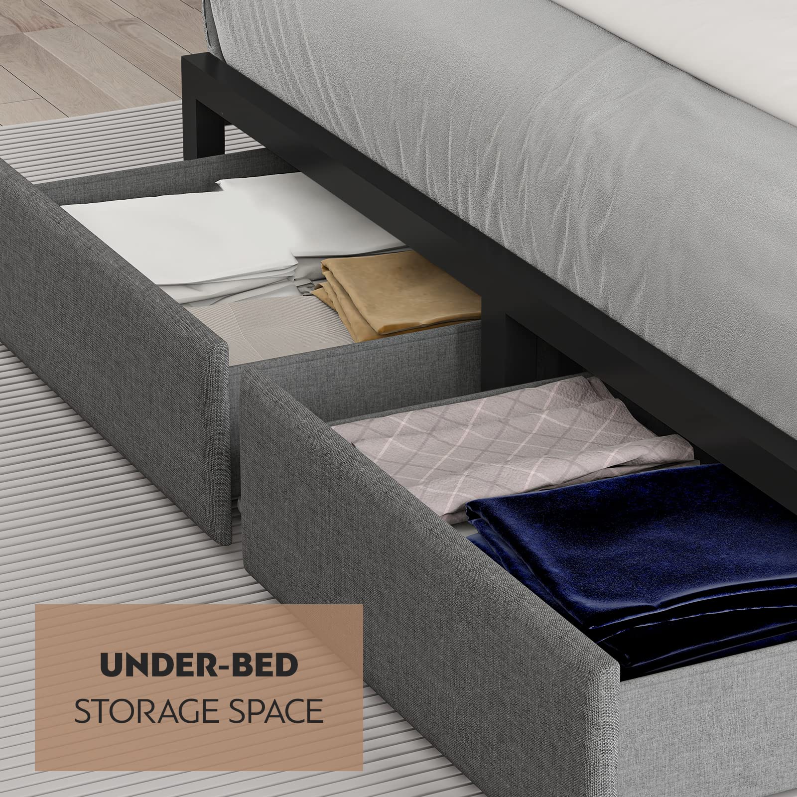 CIKUNASI Heavy Duty Full Size Bed Frame with Headboard, Storage Drawers, and LED Charging Station - WoodArtSupply