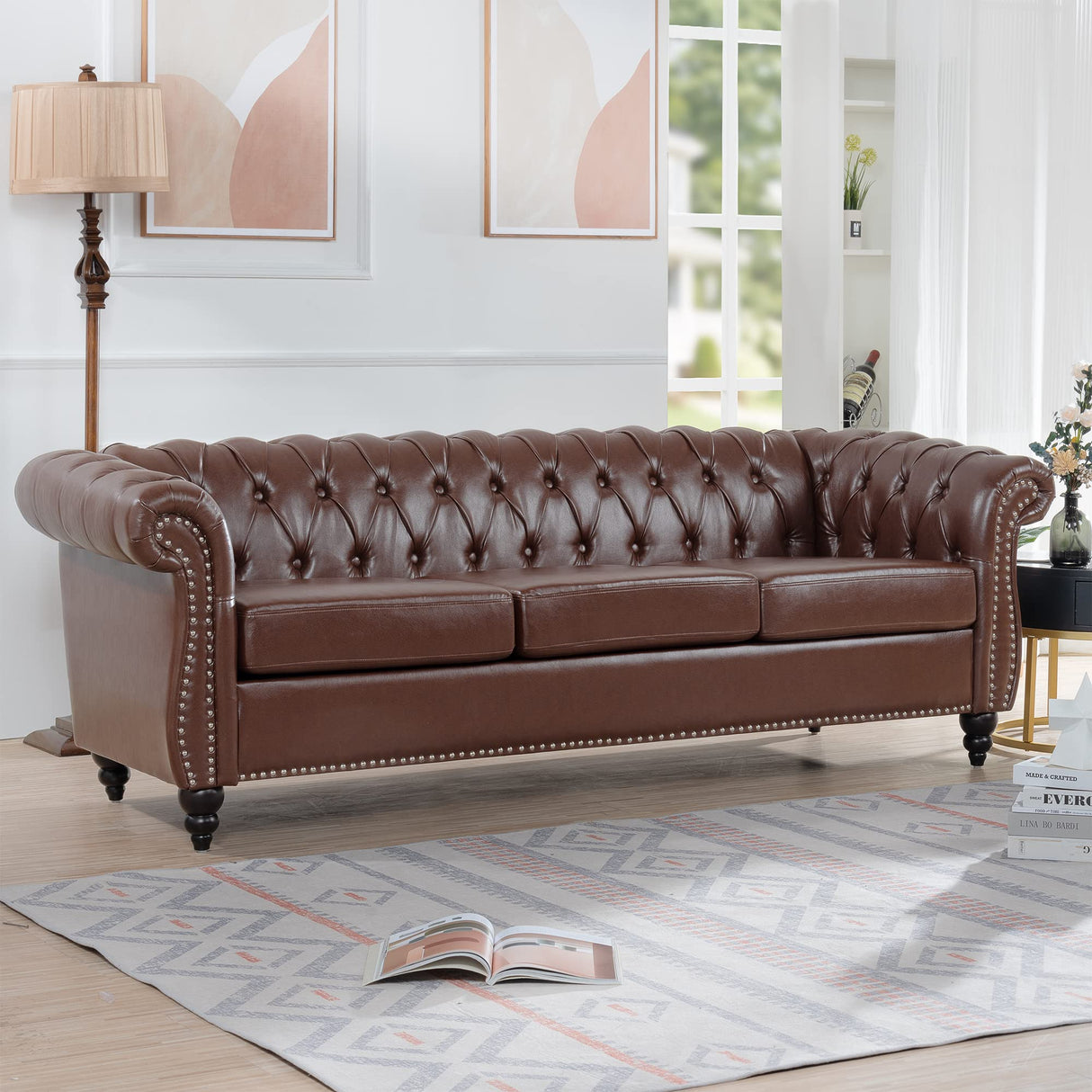 CLUBKNIGHT Modern Chesterfield Sofa Three Seater Couch,Faux Leather Couch with Rolled Arms,Comfy Couches for Living Room,Office,Reception Room(Brown) CLUBKNIGHT