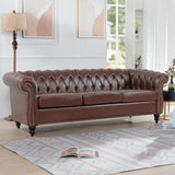 CLUBKNIGHT Modern Chesterfield Sofa Three Seater Couch,Faux Leather Couch with Rolled Arms,Comfy Couches for Living Room,Office,Reception Room(Brown) CLUBKNIGHT