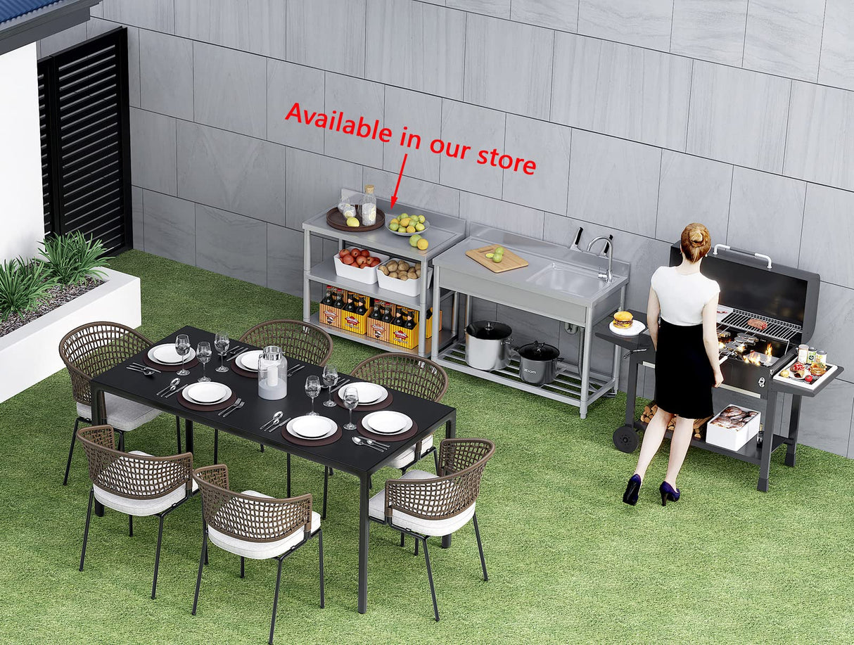 Free Standing Stainless-Steel Single Bowl, Commercial Restaurant Kitchen Sink Set w/Faucet & Drainboard, Prep & Utility Washing Hand Basin w/Workbench & Storage Shelves Indoor Outdoor (47in) KINGBO