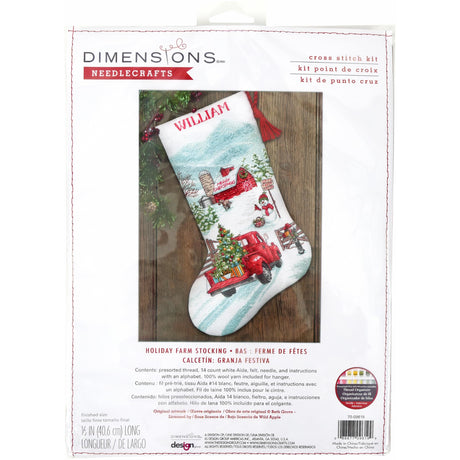 Dimensions 70-09619 Holiday Farm Stocking Counted Cross Stitch Kit, 16" Long, 14 Cnt. White Aida, 6 Pieces Dimensions