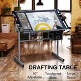 Topeakmart Glass Drafting Table Rolling Drawing Desk Artists Art Craft Desk w/2 Slide Drawers and Wheels for Home Office School Topeakmart