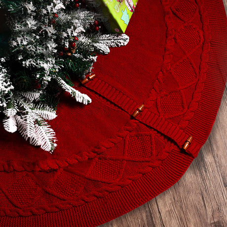 KCFESTIHUE Christmas Tree Skirt, 48 Inch Cable Knit Pattern, Luxury Xmas Holiday Decoration, Thick Rustic Fabric, Home Party Décor Red KCFESTIHUE