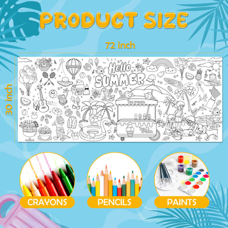 OHOME Summer Giant Coloring Poster/Tablecloth - Summer Decorations - 30 x 72 Inches Jumbo Paper Coloring Banner - Kids Crafts Gifts Toys Games Ice Cream Party Decorations - Arts Crafts Supplies OHOME