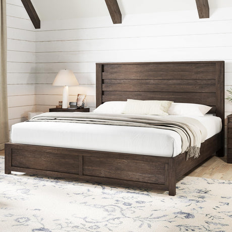 AMERLIFE Farmhouse King Size Bed Frame with 49" Fluted Headboard, Wood Platform Bed with Natural Grain, No Box Spring Needed/Noise Free, Gray AMERLIFE