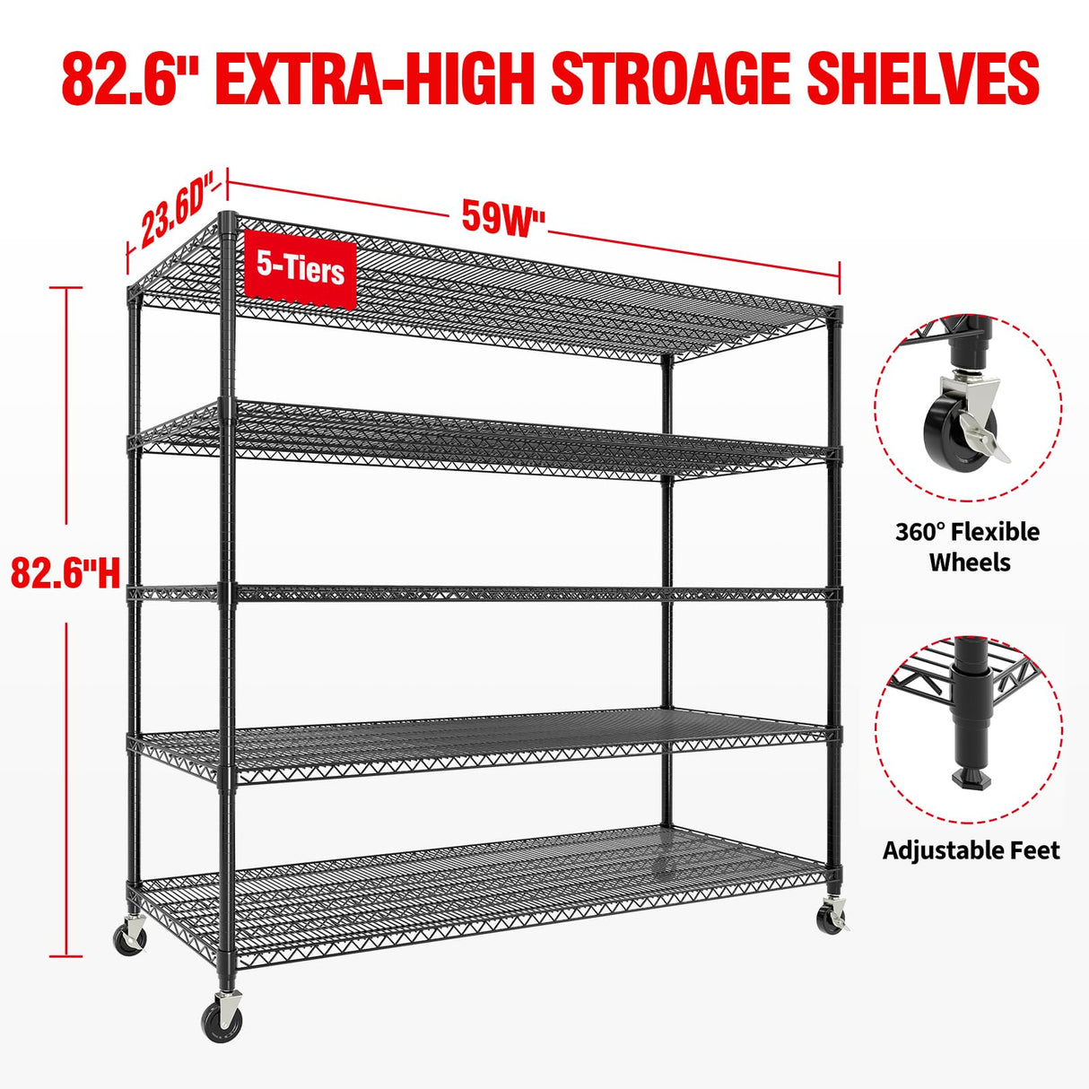 MilleLoom 5 Tier Industrial Storage Shelving Unit 3300LBS Capacity, Heavy Duty Adjustable Metal Shelves w/Wheels & Leveling Feet, Garage, Workshop, Basement Rack Shelf, 82.7" H X 59" W X 24" H, Black MilleLoom
