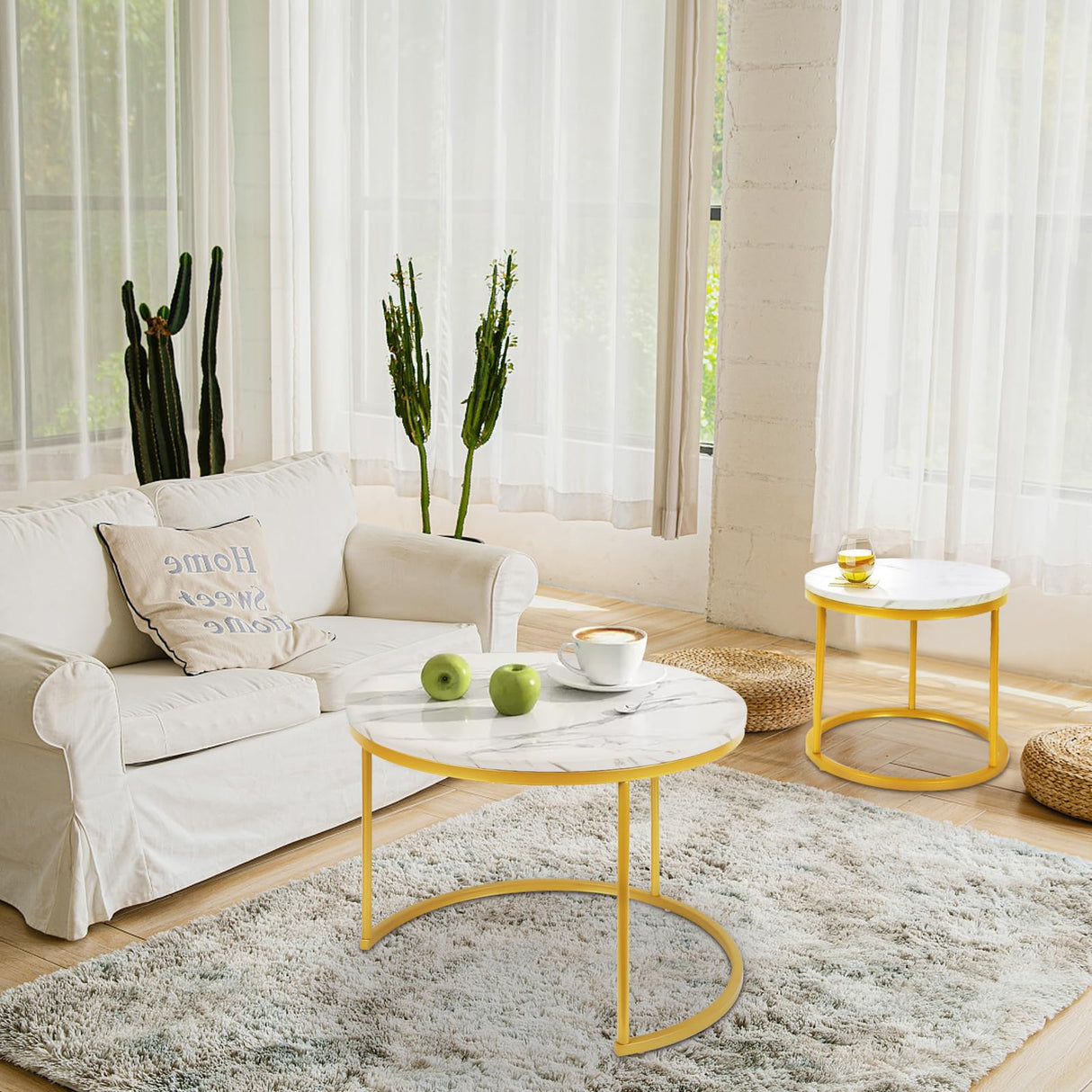 Round Nesting Coffee Tables Set: White Gold Marble Nesting Coffee Table Set of 2 - Modern Metal Stacking Side Table for Living Room Small Spaces Paradmas