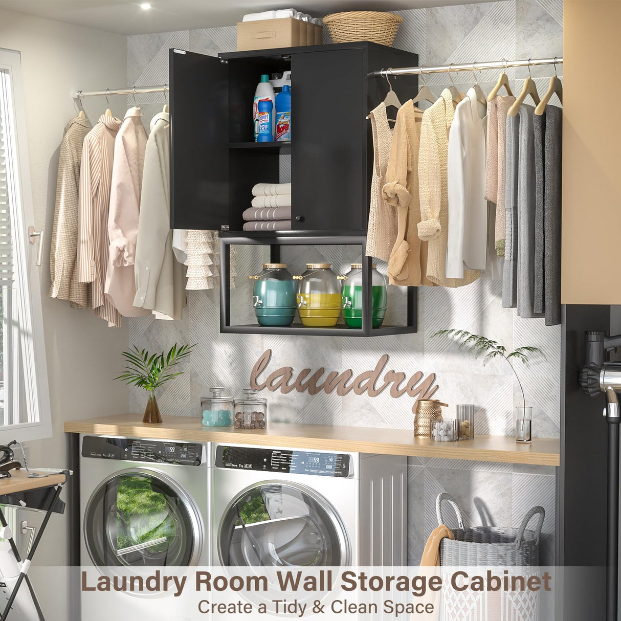 Homieasy Wall Cabinet with 2 Hanging Rods, 67'' Wide Laundry Wall Cabinet with 2 Doors, Open Rack & Adjustable Inner Shelf, Storage Cabinet Wall Mounted for Laundry & Bathroom, Black Homieasy