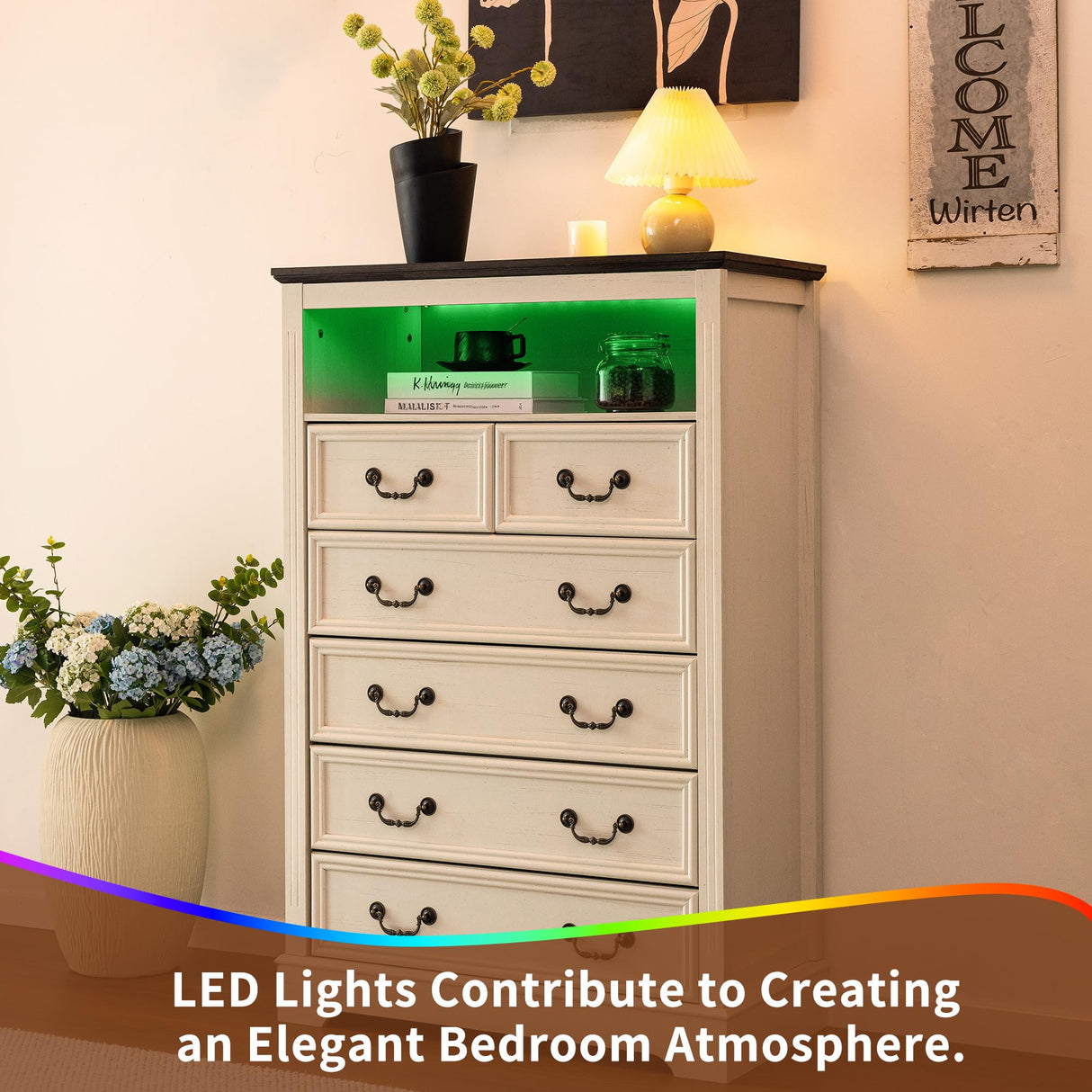 Homkdom Dresser for Bedroom with Charging Station & LED Light, White Dresser & Chests of Drawers with 6 Drawers, Farmhouse Tall Dressers for Bedroom Homkdom