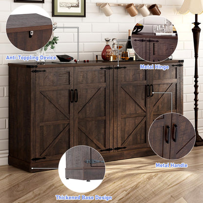 Sideboard Buffet Cabinet with Storage - 65 Inch Farmhouse Kitchen Pantries Sideboard Cabinet with Adjustable Shelves, Wooden Coffee Bar Cabinet Buffet Table for Kitchen, Dining Room, Brown