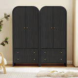 LEVNARY Arched Armoire Wardrobe Closet, Mid-Century Modern 2-Door Freestanding Wardrobe with Hanging Rod and 2 Drawers, Fluted Carved Clothing Storage Cabinet for Bedroom (Black) LEVNARY