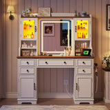 EnHomee Vanity Desk with Mirror and Lights, 43" White Makeup Vanity Desk with 5 Drawers & 2 RGB Glass Cabinets, Adjustable 3 LED Lights for Bedroom, Farmhouse Dressing Table for Women EnHomee