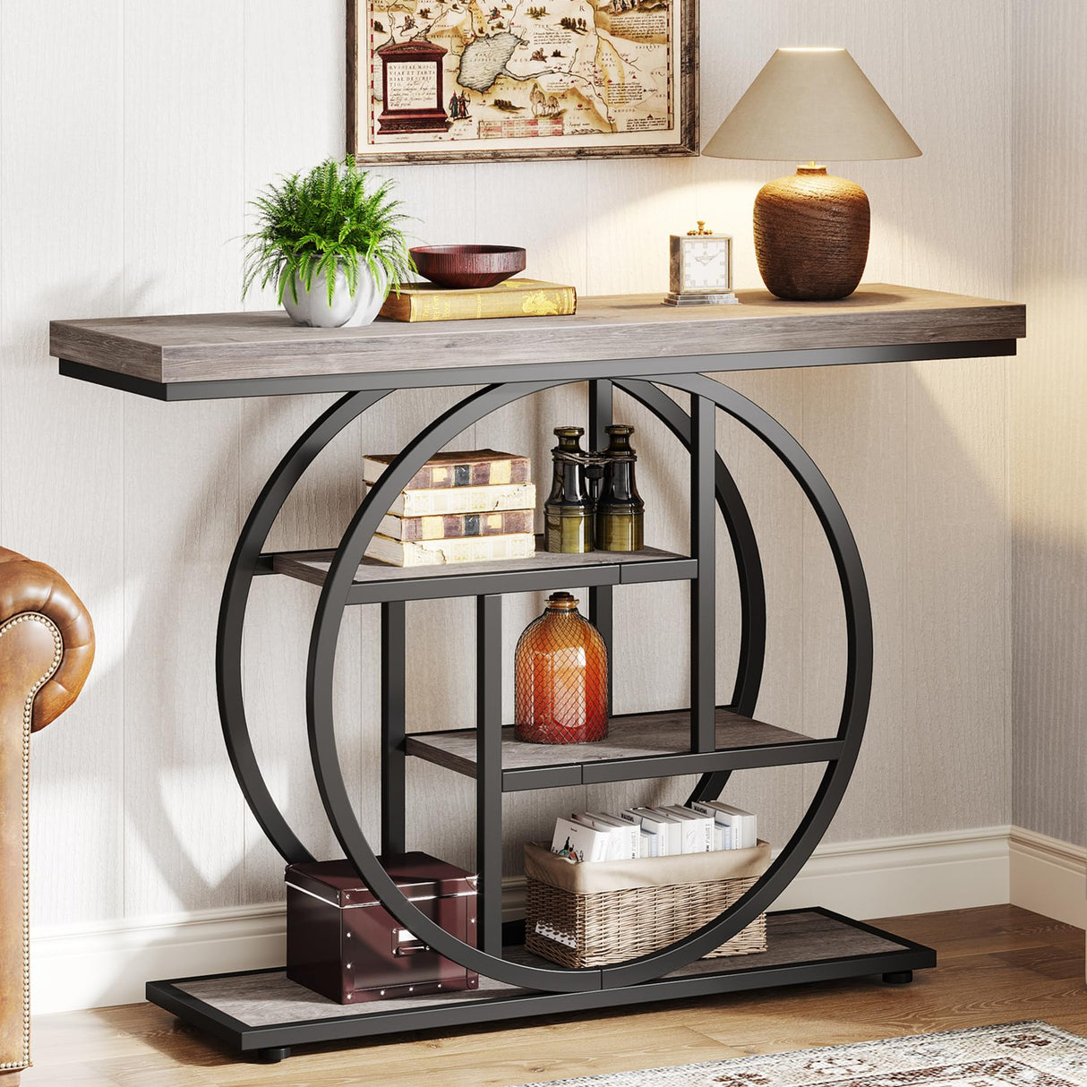 Tribesigns 41.3" Console Table, Industrial 4-Tier Sofa Table Entryway Table with Circle Base, Narrow Wood Accent Tables with Storage Shelves for Living Room, Hallway, Foyer, Gray Tribesigns