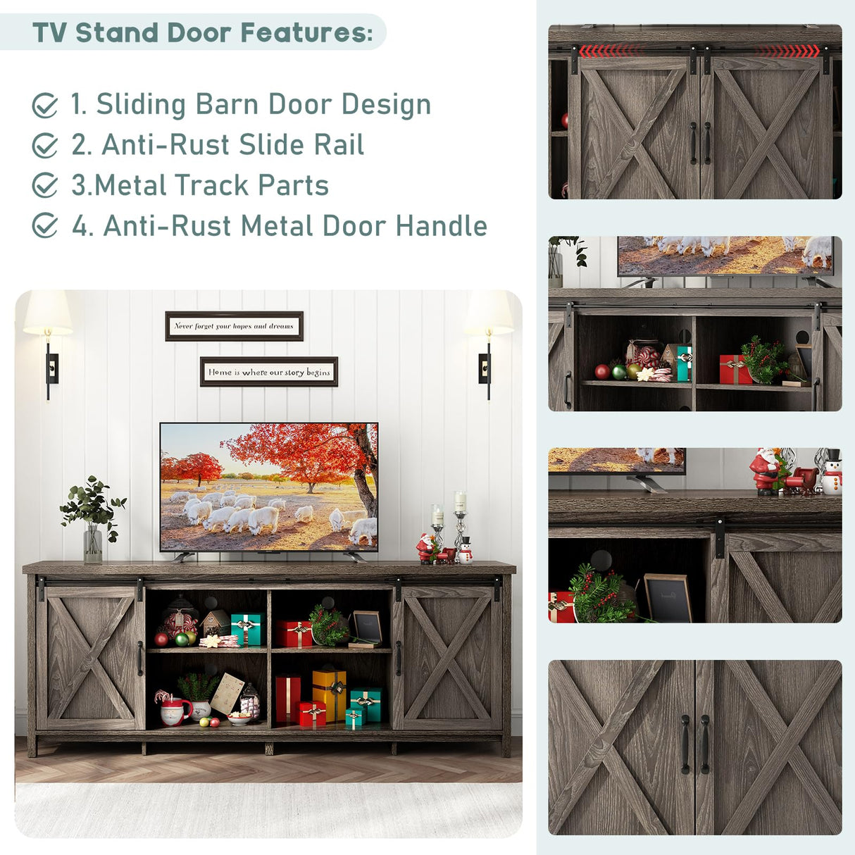 70In Farmhouse TV Stands for 70 75 80inch TV w/Adjustable Shelves,Sliding Barn Door.Rustic Wooden Entertainment Center,TV Console Grey Cabinet w/Storage for Bedroom Living Room(Dark Grey 70in) Elibeauty
