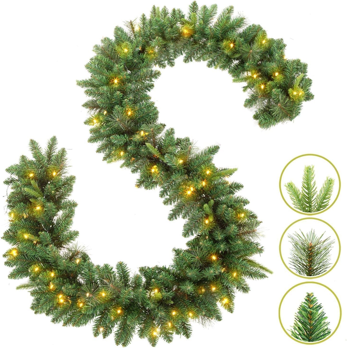 KING BIRD Pre-lit Christmas Garland, 9 FT by 12 Inch, Classic Green Christmas Garland with 50 Warm Lights 300 Branch Tips for Indoor and Outdoor Decoration