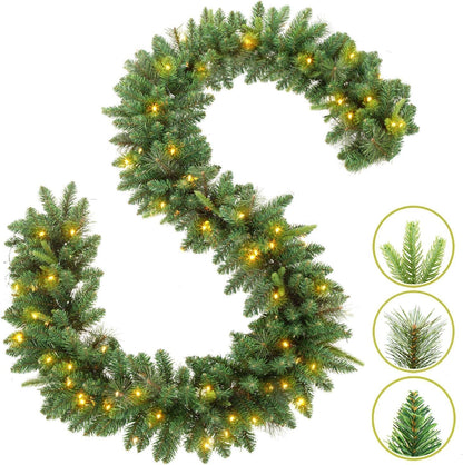 KING BIRD Pre-lit Christmas Garland, 9 FT by 12 Inch, Classic Green Christmas Garland with 50 Warm Lights 300 Branch Tips for Indoor and Outdoor Decoration