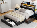 IKIFLY Queen Bed Frame with 4 Drawers, Storage Headboard, LED Lights & Charging Station in Black IKIFLY