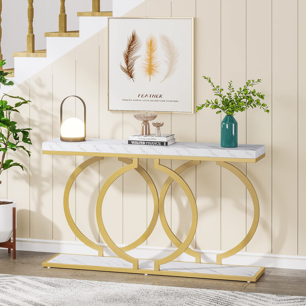 Tribesigns Gold Console Table, 55 inch Faux Marble Entryway Table Narrow Long Sofa Table, Modern Accent Table for Living Room, Entrance Table Geometric Metal Frame, White and Gold Tribesigns