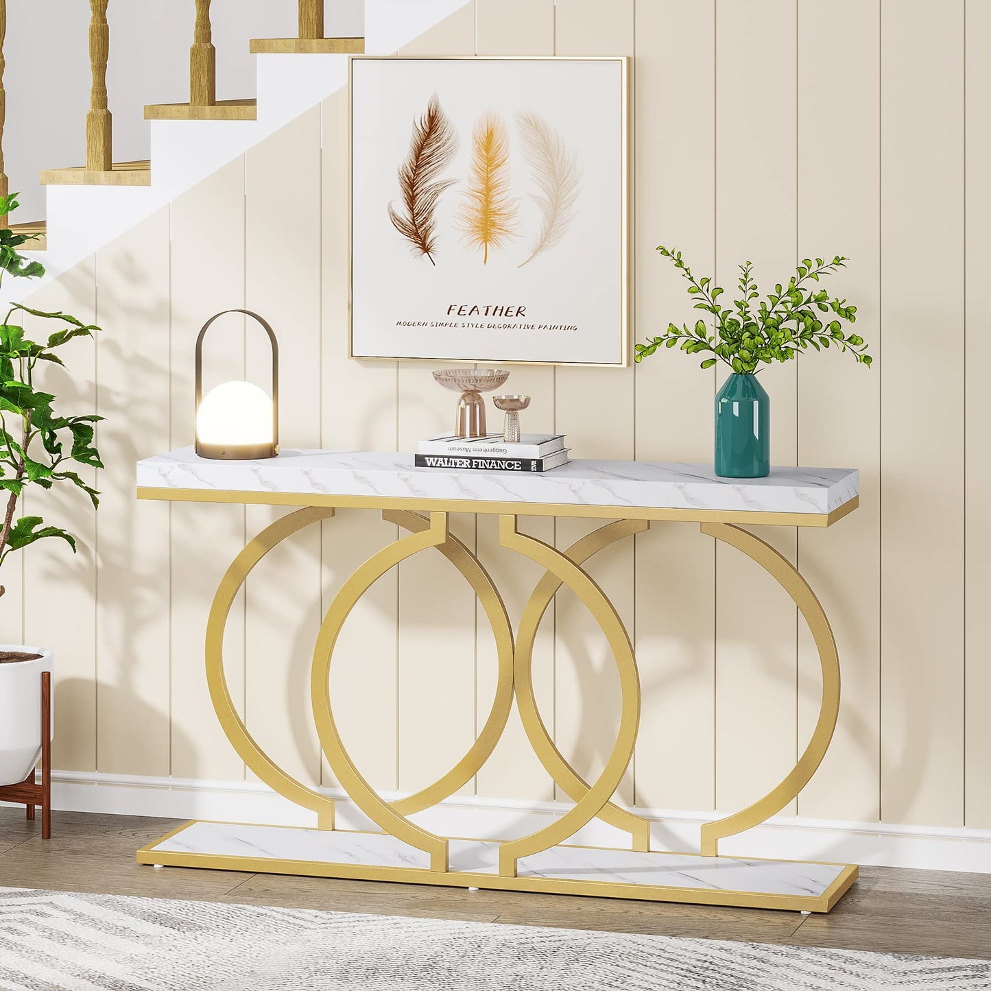 Tribesigns Gold Console Table, 55 inch Faux Marble Entryway Table Narrow Long Sofa Table, Modern Accent Table for Living Room, Entrance Table Geometric Metal Frame, White and Gold - WoodArtSupply