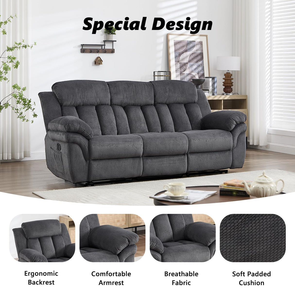 CANMOV Recliner Sofa Set, Manual Reclining Sofa with Overstuffed Armrest for Living Room,Bedroom Furniture,Office,3 Seat Grey CANMOV