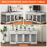 Rophefx 72" Dog Crate Furniture for 2 Dogs, Large Dog Kennel Furniture with 2 Storage Drawers and Removable Divider, Indoor Wooden Dog Cage with 4 Bowls, Dog House TV Stand for Large Dog, White Grey Rophefx