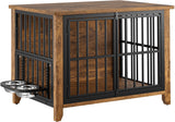 Lulive Dog Crate Furniture, Wooden Dog Kennel Indoor with Adjustable 360°& Height Dog Bowls, Double Doors Furniture Dog Crates End Table for Small/Medium 31.5" L*22.5" W*25.6" H, Brown Lulive