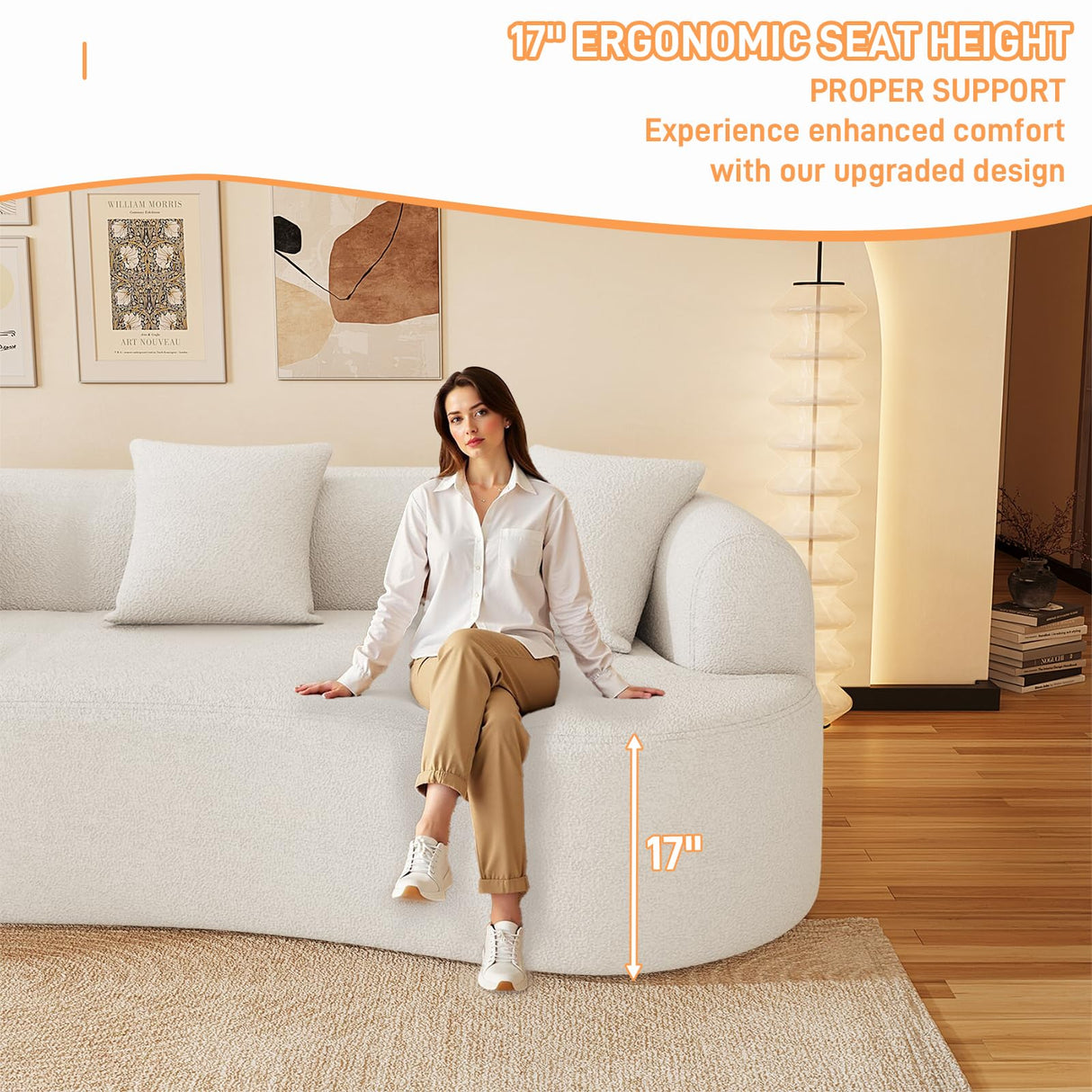 ONEMMLION Curved Sofa Sectional Couch for Living Room, 114" Modern Oversized Boneless Cloud Couch, Comfy Luxury Plush Chenille 4 Seater Memory Foam Sofa Deep Seat Couches, Cream White ONEMMLION