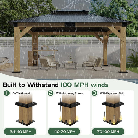 AMERLIFE 13x15 Hardtop Gazebo, Spruce Wood Gazebo with Storage Bar Counter, Outdoor Pavilion with Double Iron Roof, for Patio, Lawns, Garage, Black + Natural Wood AMERLIFE