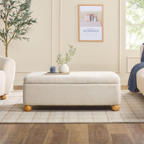Walker Edison Linley Contemporary Large Storage Bouclé Ottoman with Wood Legs, Ivory Walker Edison