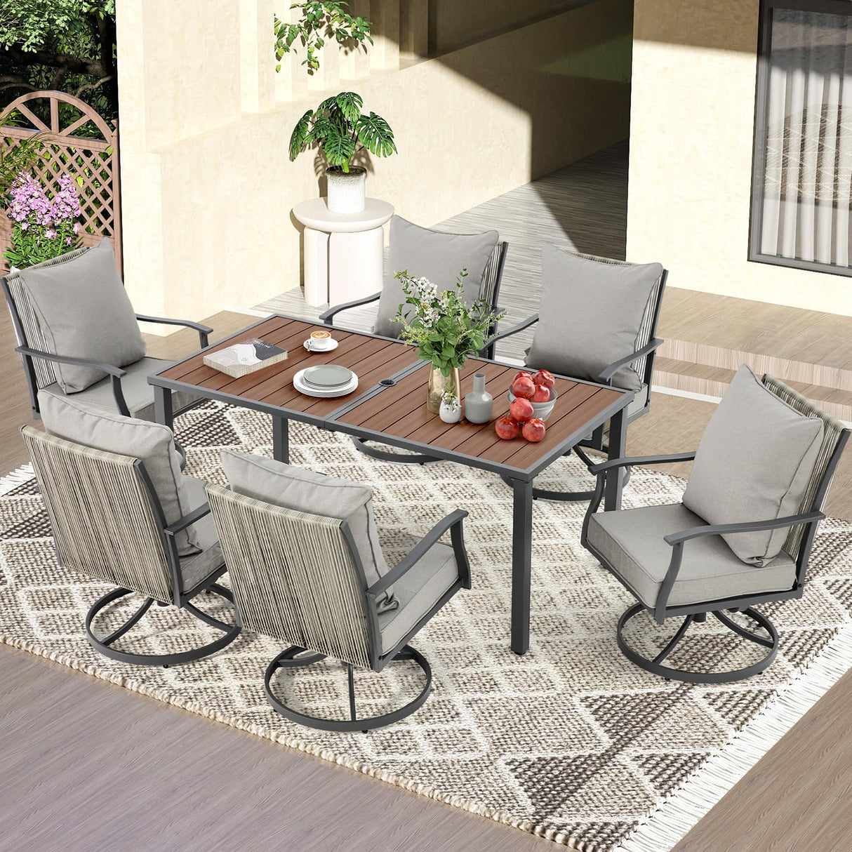 EROMMY 7-Piece Outdoor Dining Set, 6 Swivel Wicker Chairs with Thick Cushions & Wood-Like Dining Table with Umbrella Hole, Patio Furniture Set for Porch, Garden, Backyard, Poolside, Deck, Grey EROMMY