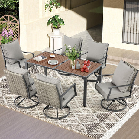 EROMMY 7-Piece Outdoor Dining Set, 6 Swivel Wicker Chairs with Thick Cushions & Wood-Like Dining Table with Umbrella Hole, Patio Furniture Set for Porch, Garden, Backyard, Poolside, Deck, Grey EROMMY