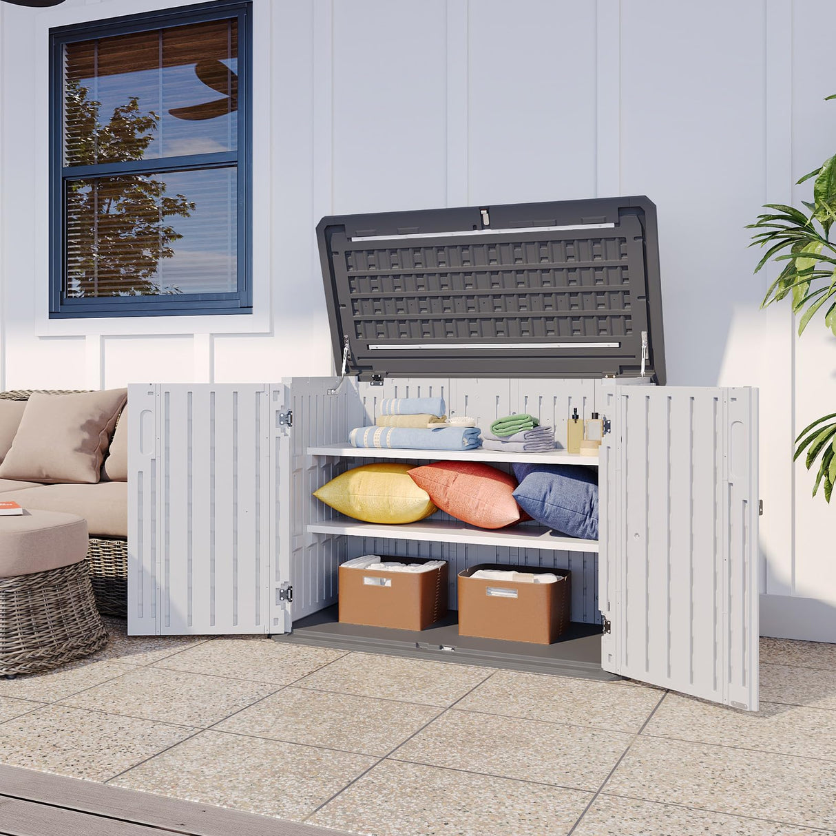 Aoxun White Outdoor Storage Cabinet with 2 Shelves, 35 Cu.Ft Trash Can Storage Shed, Waterproof, Horizontal Storage for Garbage Bin, Generator, Lawn Mower Aoxun