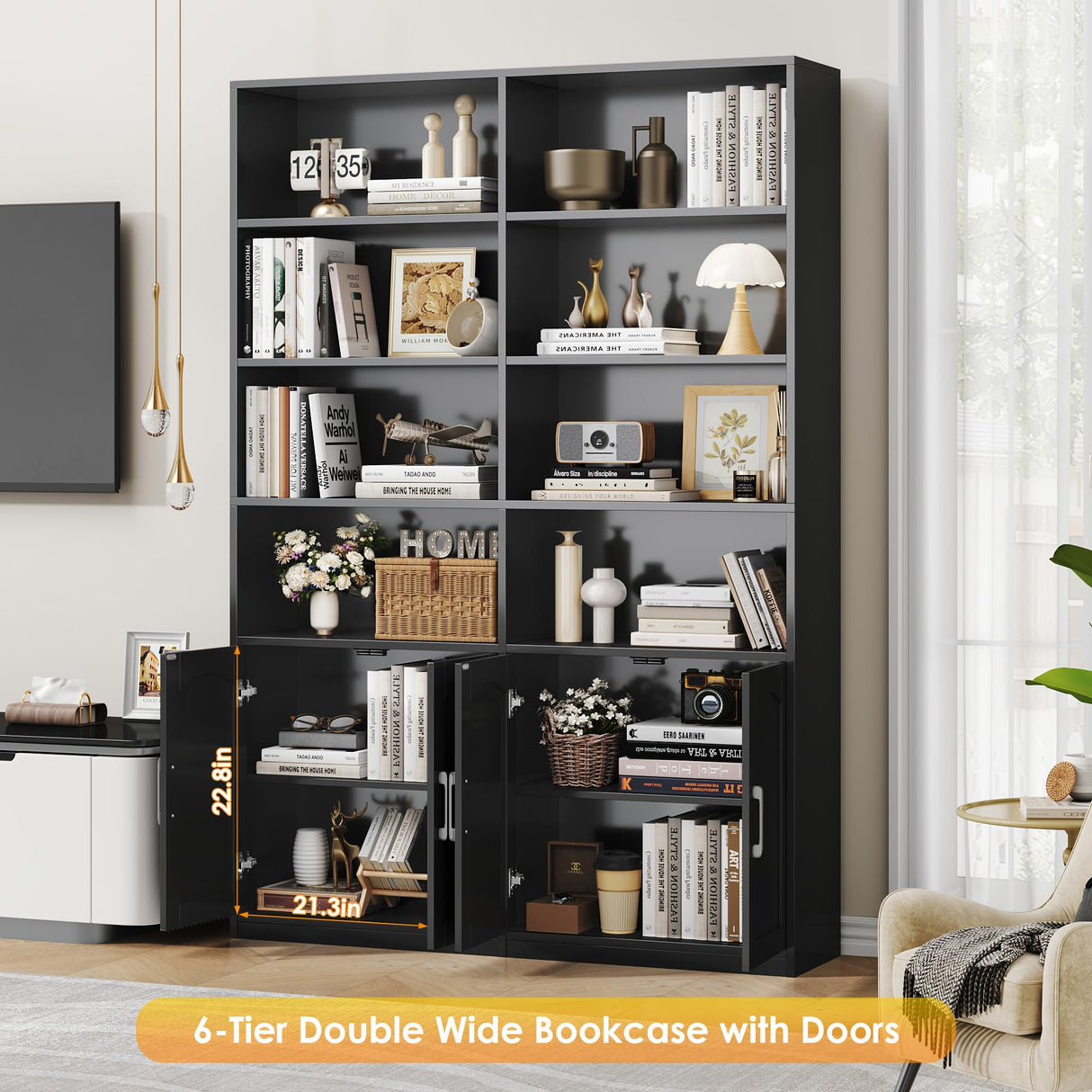 FACBOTALL Bookshelf and Bookcase with Doors, 6 Tier Double Wide Large Bookshelves, Open Display Shelves, 73'' Tall Bookshelf with Storage Cabinets for Home Office, Living Room, Library, Black FACBOTALL