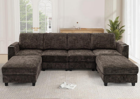Lesofair 110" Chenille Sectional Sofa with Movable Ottomans, Modular U-Shape Couch with Cup Holders, Convertible 4 Seater Sofa with Well-Filled Backrest Cushions for Living Room, House, Brown Lesofair