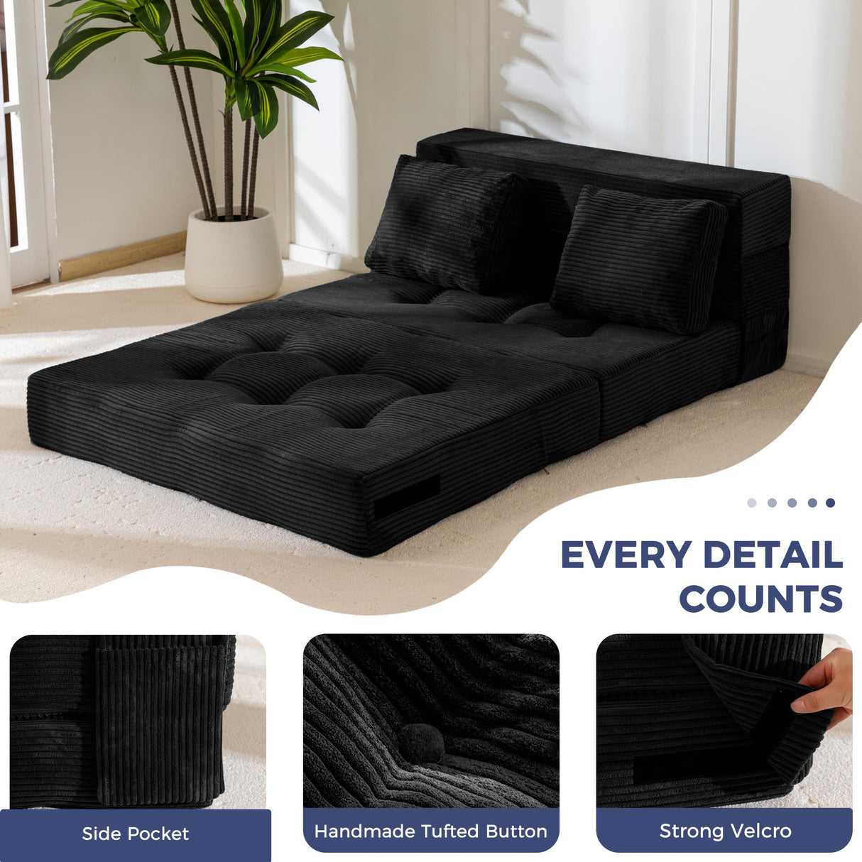 MAXYOYO Convertible Sofa Bed, Fold Out Loveseat Sleeper Sofa with Pillow, 4 in 1 Tufted Folding Couch Bed Foam Floor Couch, Lazy Chair for Living Room Bedroom Guest Room, Black MAXYOYO
