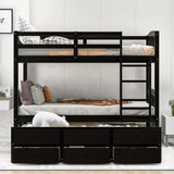 Ball & Cast Twin Over Twin Bunk Bed with Trundle & 3 Drawers, Convertible Solid Wood Bed Frame with Ladder & Full Length Guardrails, Detachable Bunk Beds for Kids,Teens,Space Saving, Espresso Ball & Cast